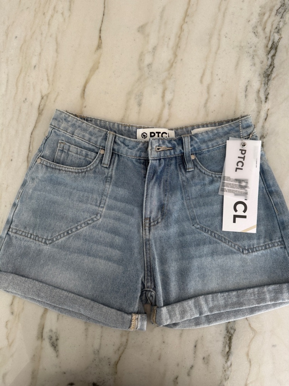 PTCL Washed Blue Denim Roll-Hem Shorts